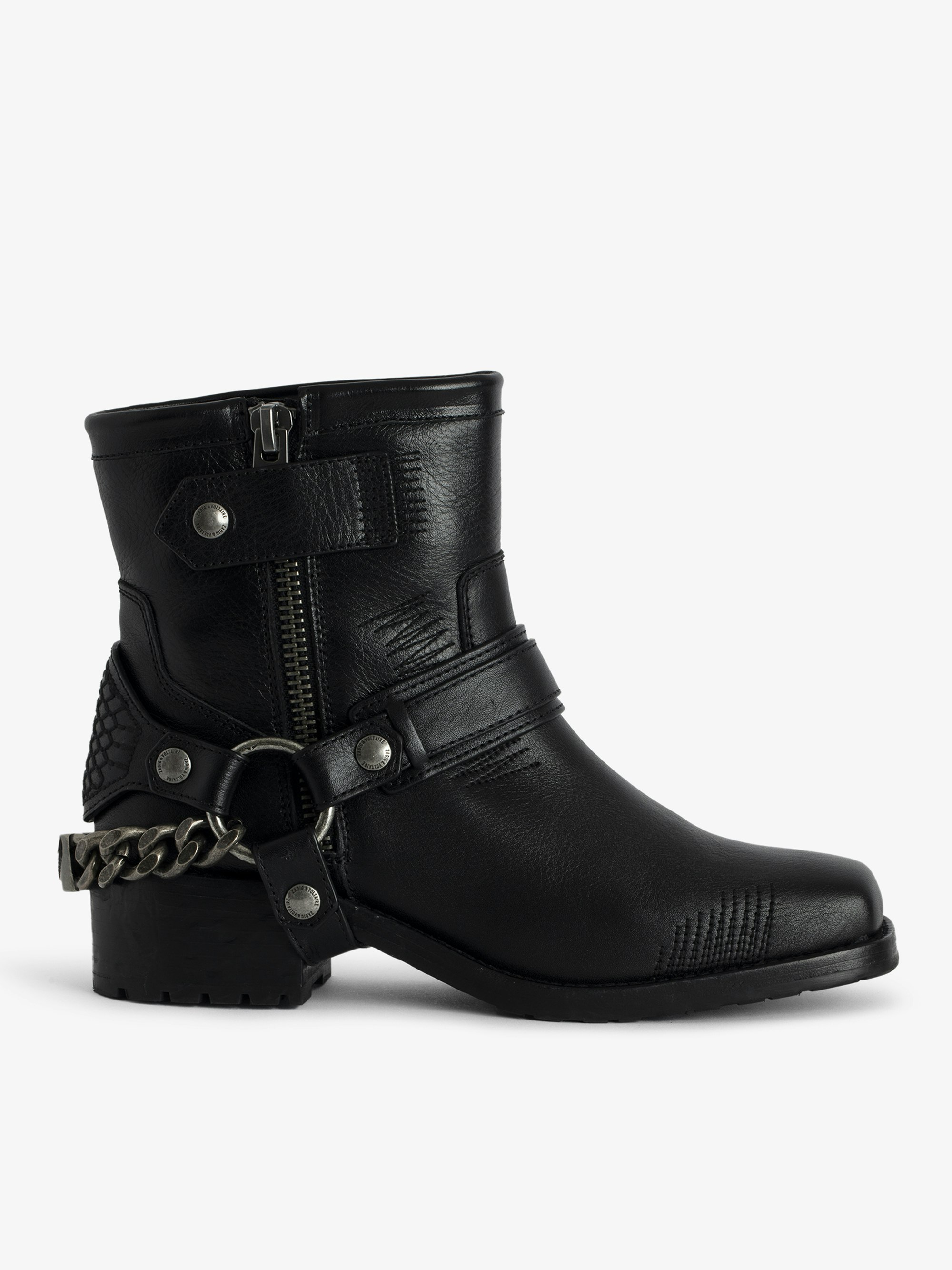 Igata Ankle Boots - Black vegetable tanned leather low ankle boots with metal chains.