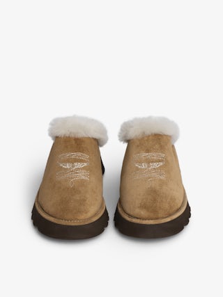 Teddy Shearling Mules - Suede and shearling mules adorned with signature embroideries.