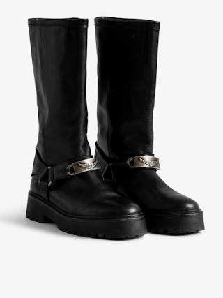 Angie Ankle Boots - Biker-inspired leather ankle boots with harness adorned with chain details.