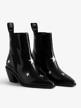 Tyler Stars Vintage Patent Ankle Boots - Ankle boots in vintage-effect leather adorned with stars and a lightning-shaped elastic.