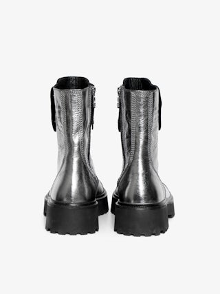 Joe Fast Vintage Metal Ankle Boots - Combat boots without laces in metallic crinkled leather with patches adorned with embossed wings.