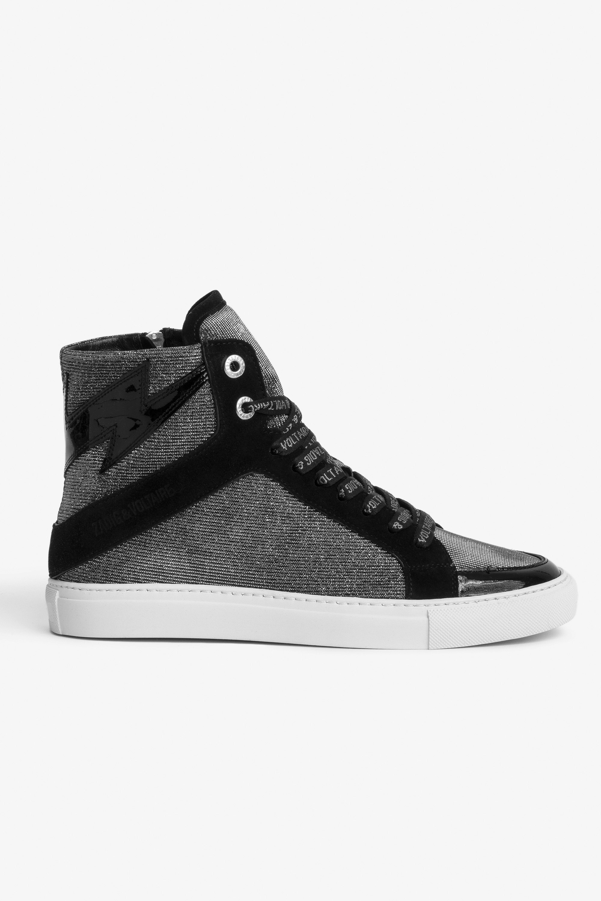 ZV1747 High Flash Sneakers Women’s black leather and silver glitter high-top sneakers with lightning bolt patch