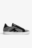 ZV1747 La Flash Trainers - Women’s black leather and silver glitter low-top sneakers with lightning bolt patch