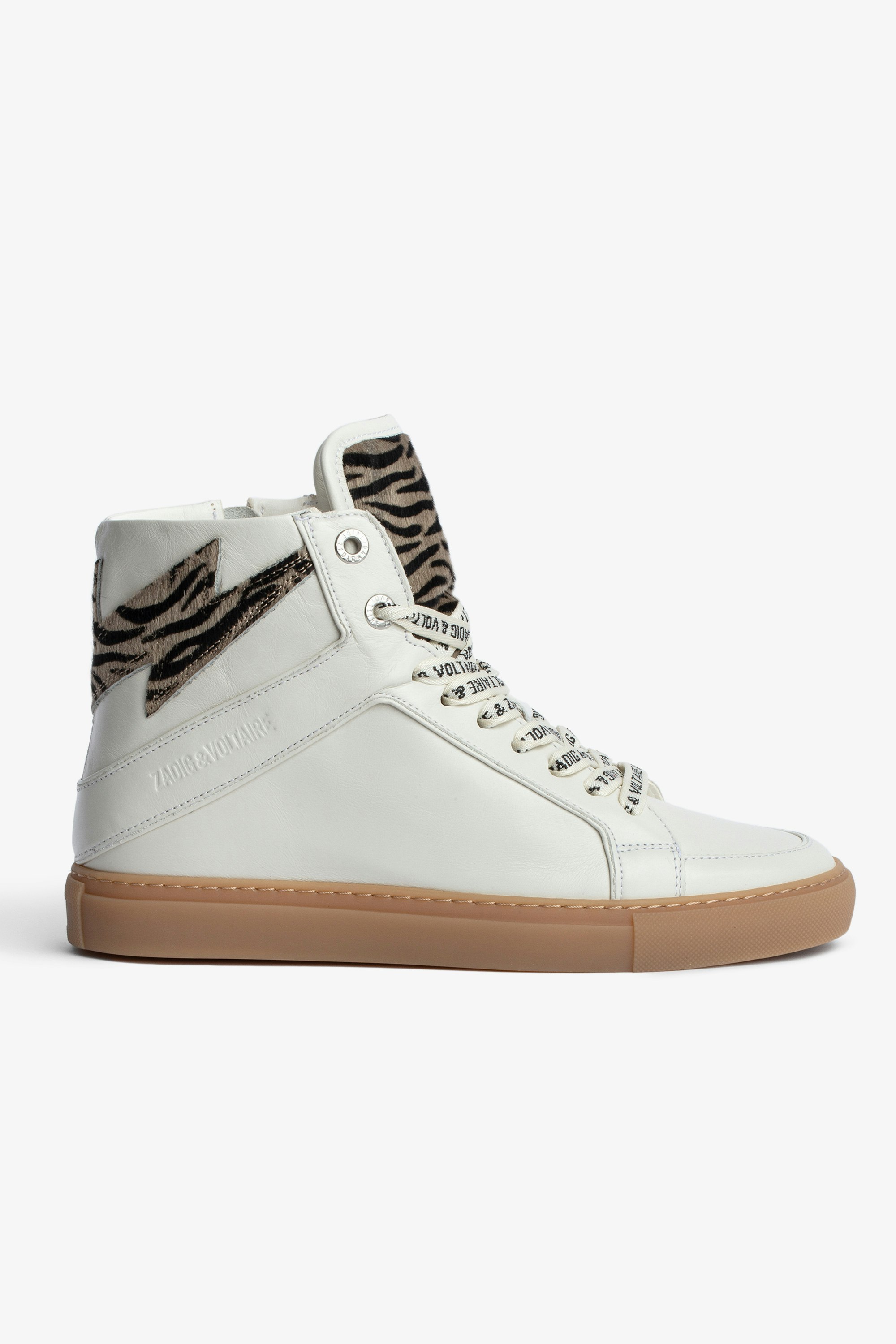 ZV1747 High Flash Sneakers Women’s white leather high-top sneakers with zebra-print panels