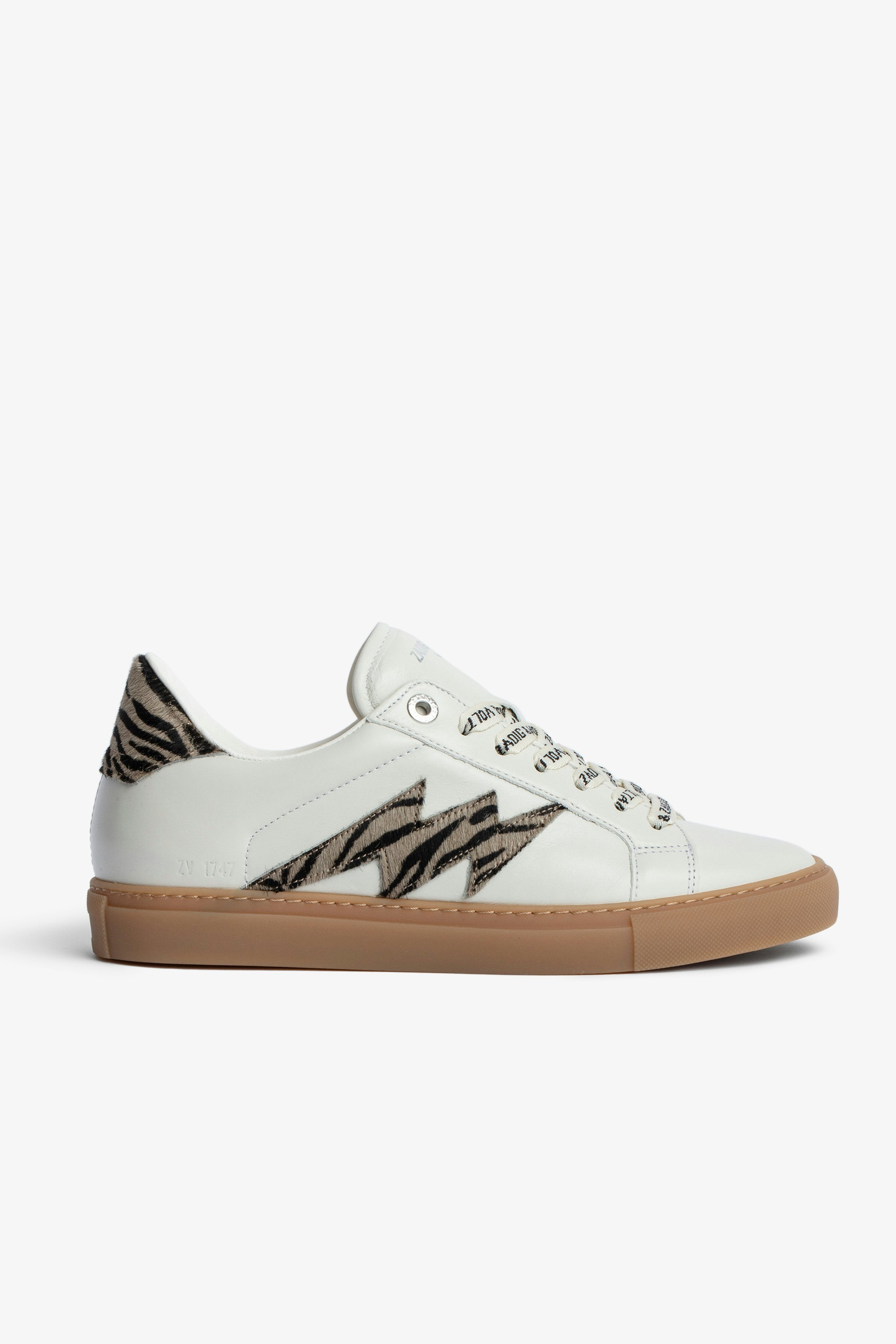 ZV1747 スニーカー Women’s white leather low-top sneakers with zebra-print panels