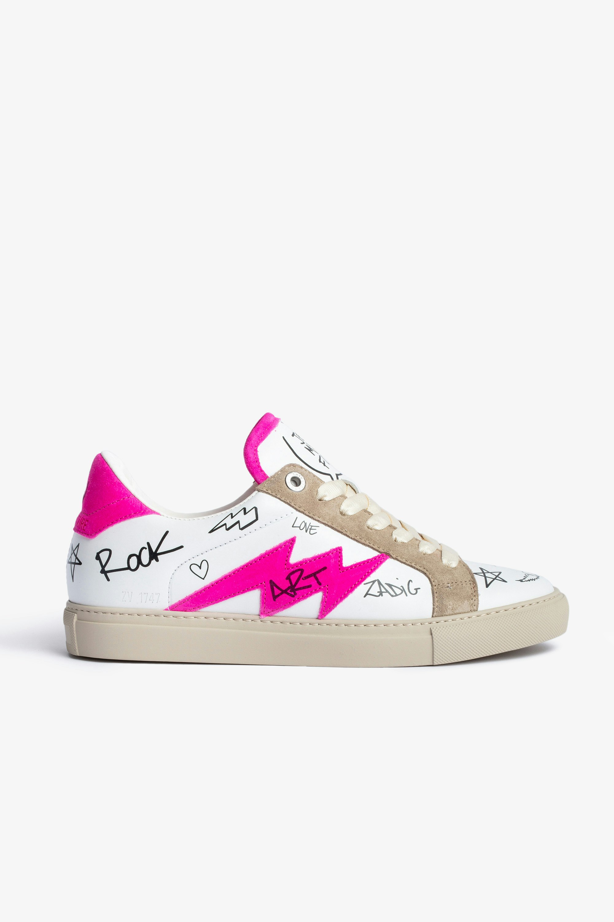 Sneakers ZV1747 Charms Print Sneakers basse in pelle liscia e scamosciata rosa e bianca con scritte