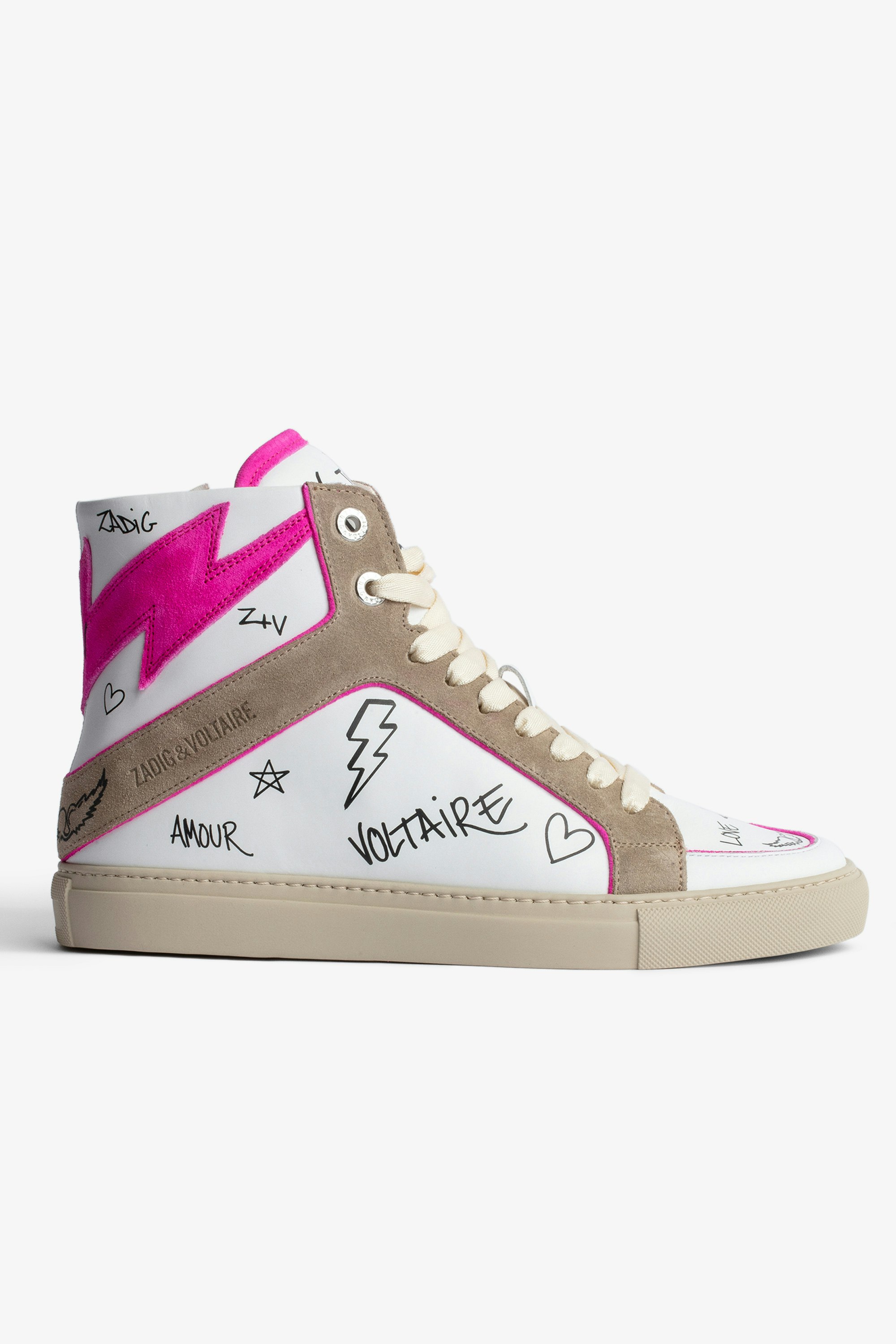ZV1747 High Flash Sneakers - High-top sneakers in pink and white smooth leather and suede with lettering