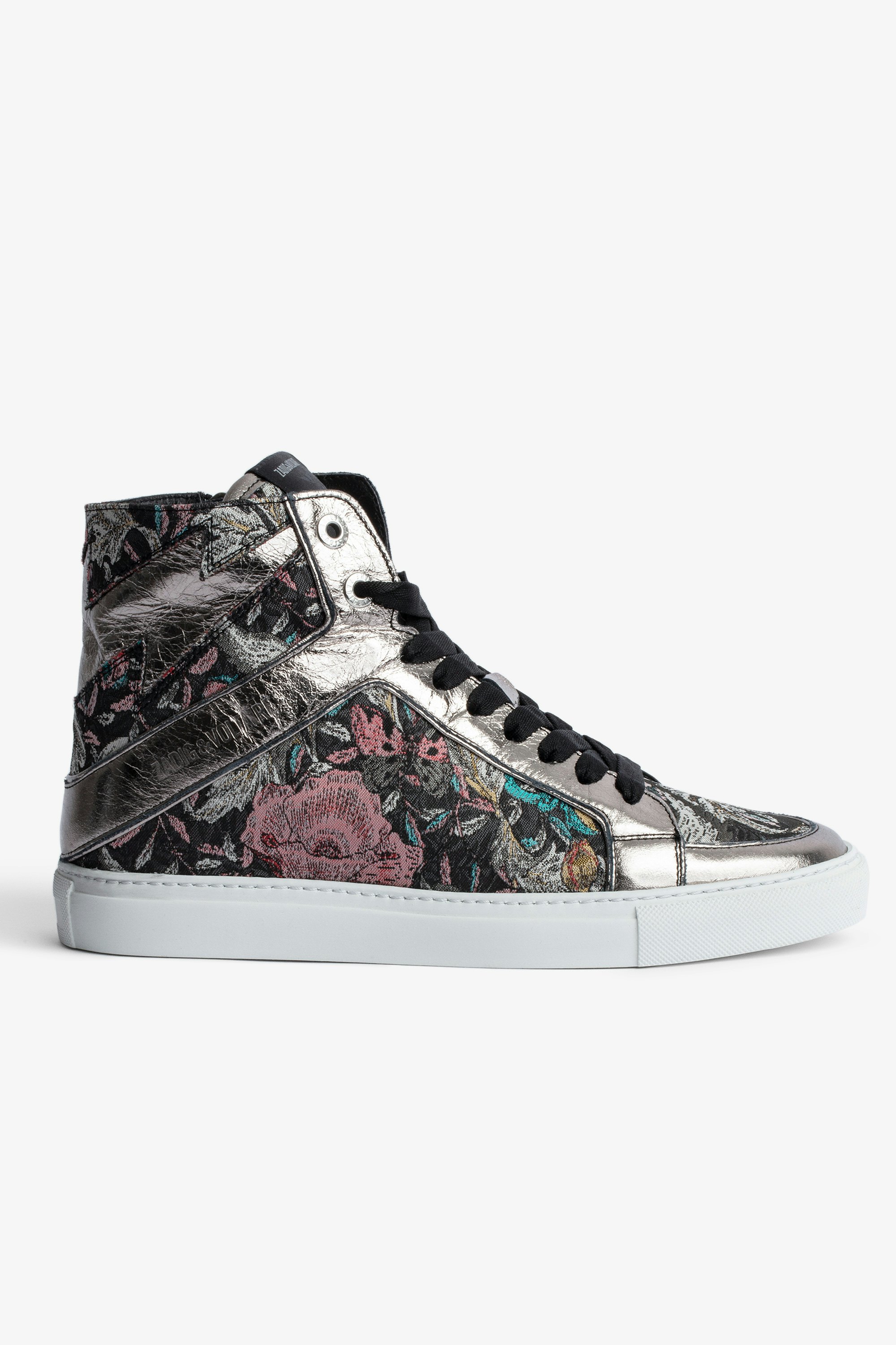 ZV1747 High Flash スニーカー Women’s black leather and floral-print jacquard sneakers with metallic panels