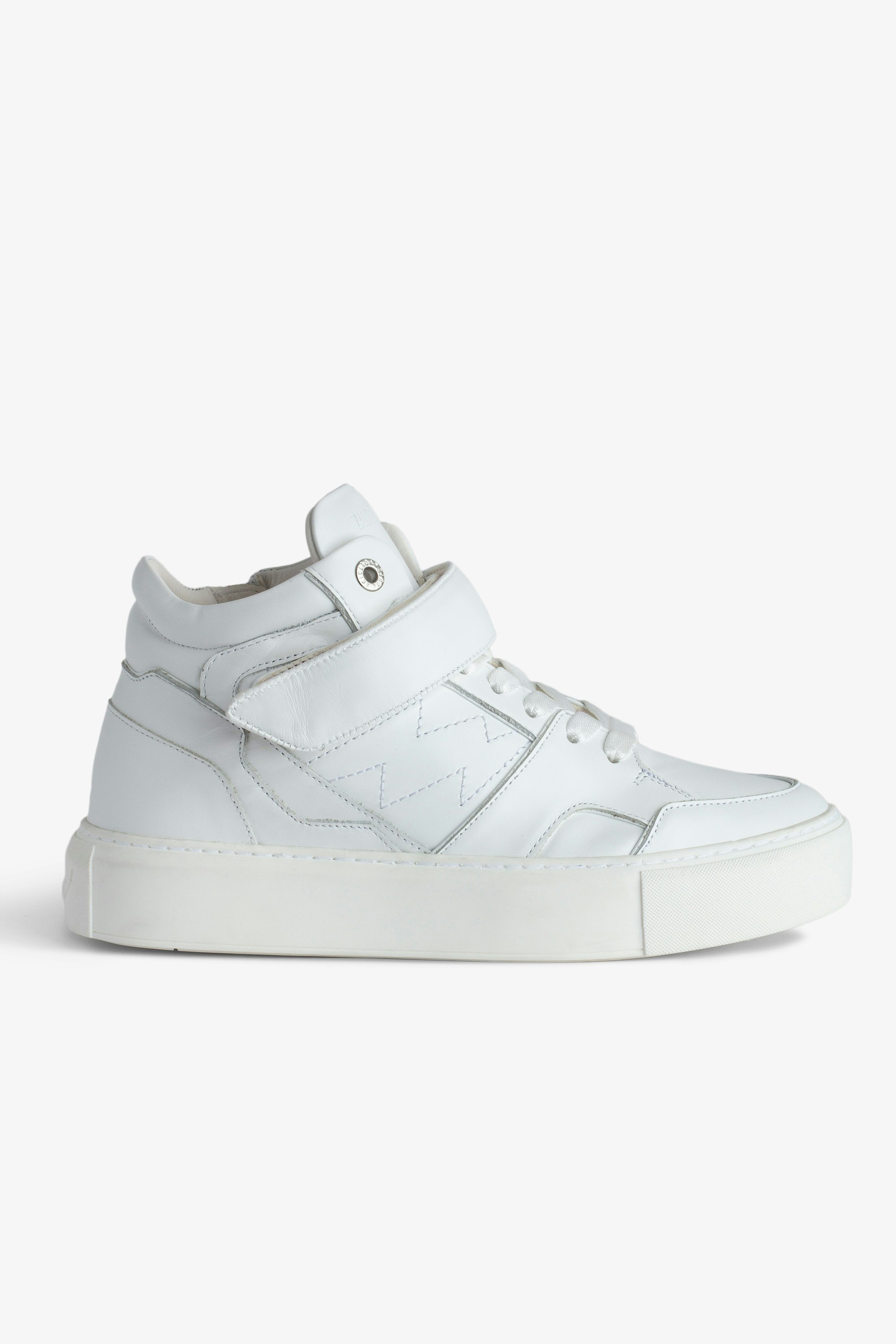 ZV1747 Flash Chunky Mid-Top Trainers - Women’s white smooth leather mid-top trainers with Velcro fastening, lightning bolt panels and chunky sole.