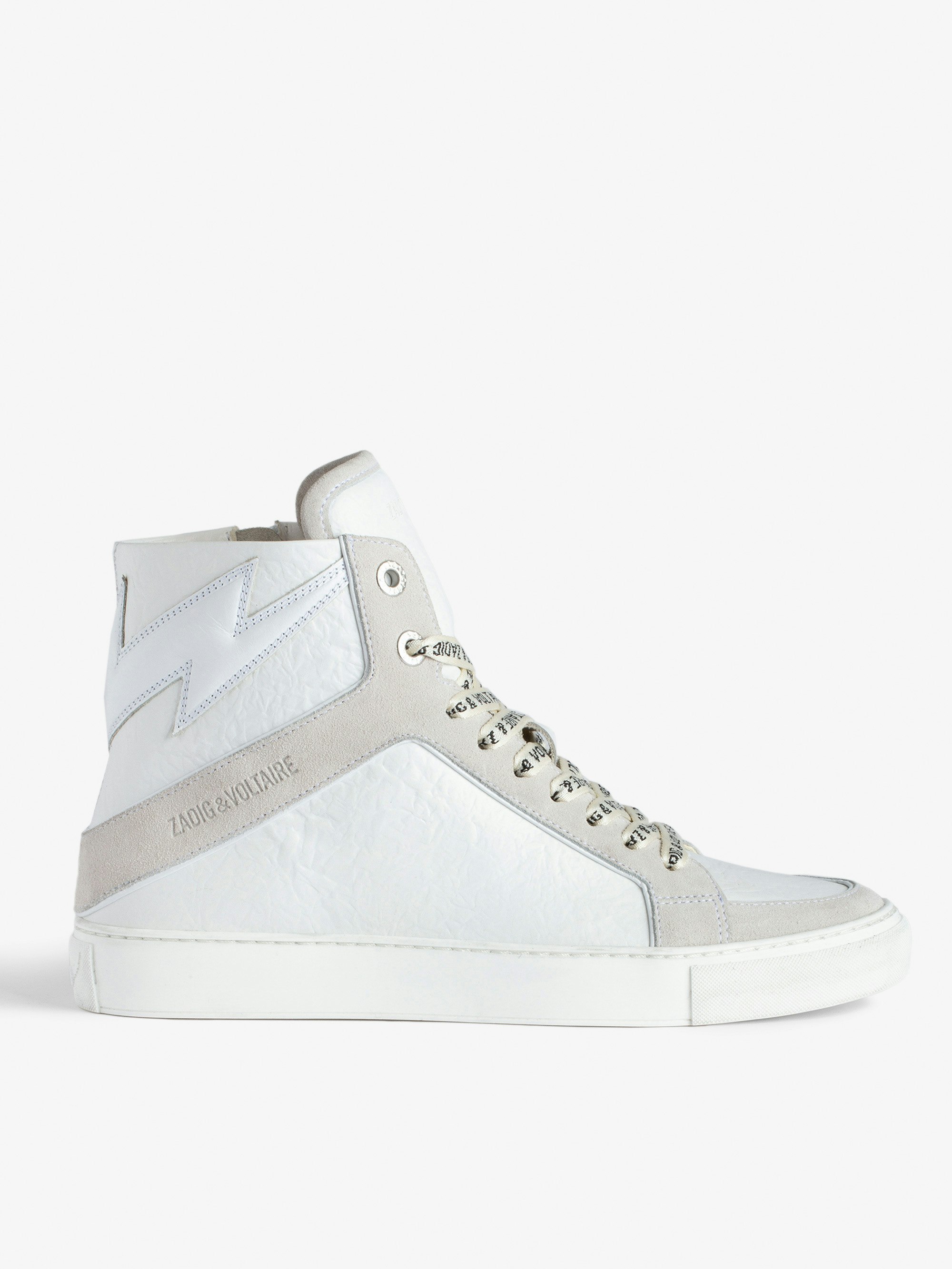 ZV1747 High Flash High-Top Crinkled Sneakers  - Women’s white distressed leather high-top sneakers with lightning bolt and suede panels.