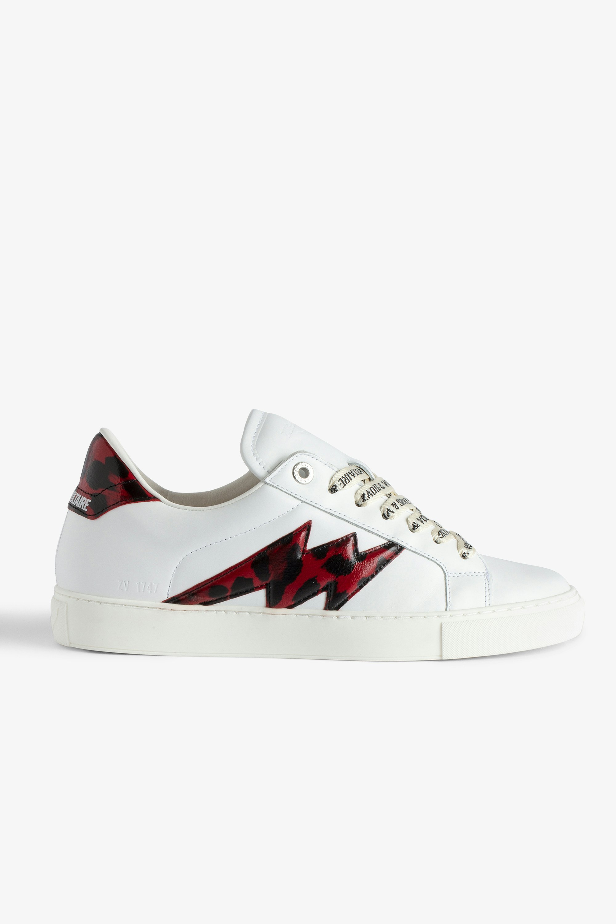 ZV1747 La Flash Low-Top Trainers - Women’s white smooth leather low-top trainers with lightning bolt panels and red leopard-effect reinforcement.
