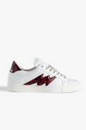 Sneaker basse ZV1747 La Flash - Sneaker basse in pelle liscia bianche con inserti fulmine e rinforzo rosso effetto leopardato da donna.