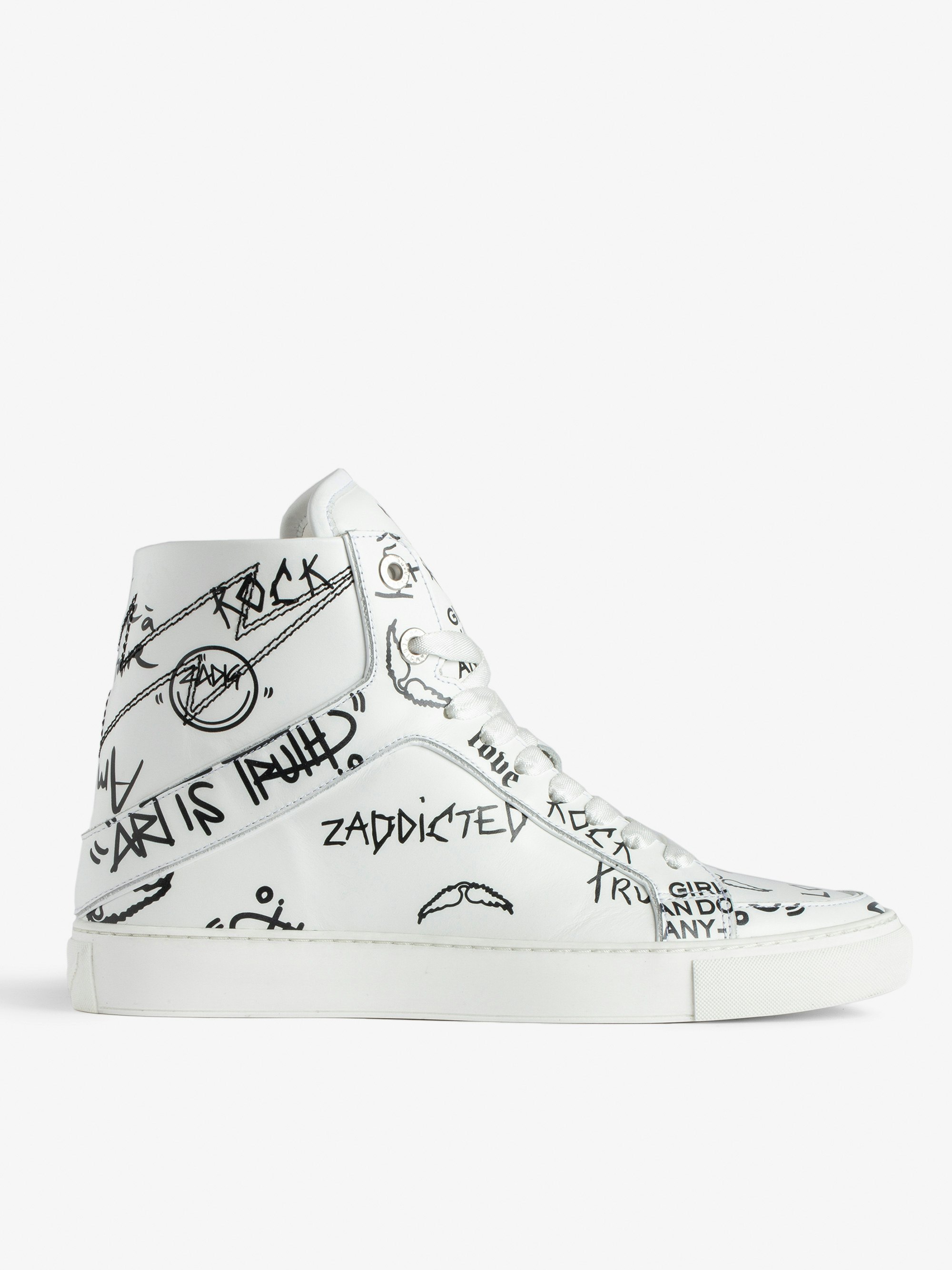 ZV1747 High Flash High-Top Graffiti Sneakers  - Women’s ecru smooth leather high-top sneakers with lightning bolt panels and graffiti.
