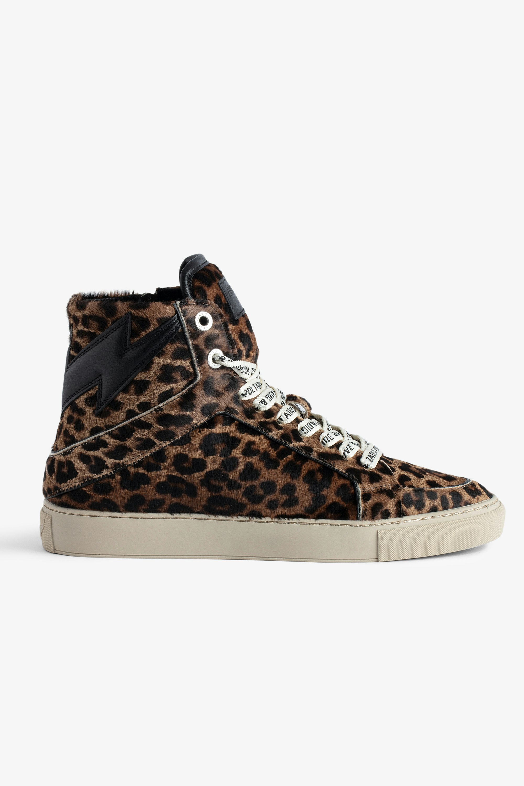 ZV1747 High Flash High-Top Trainers - Women’s leopard-effect brown leather high-top trainers with lightning bolt panels.