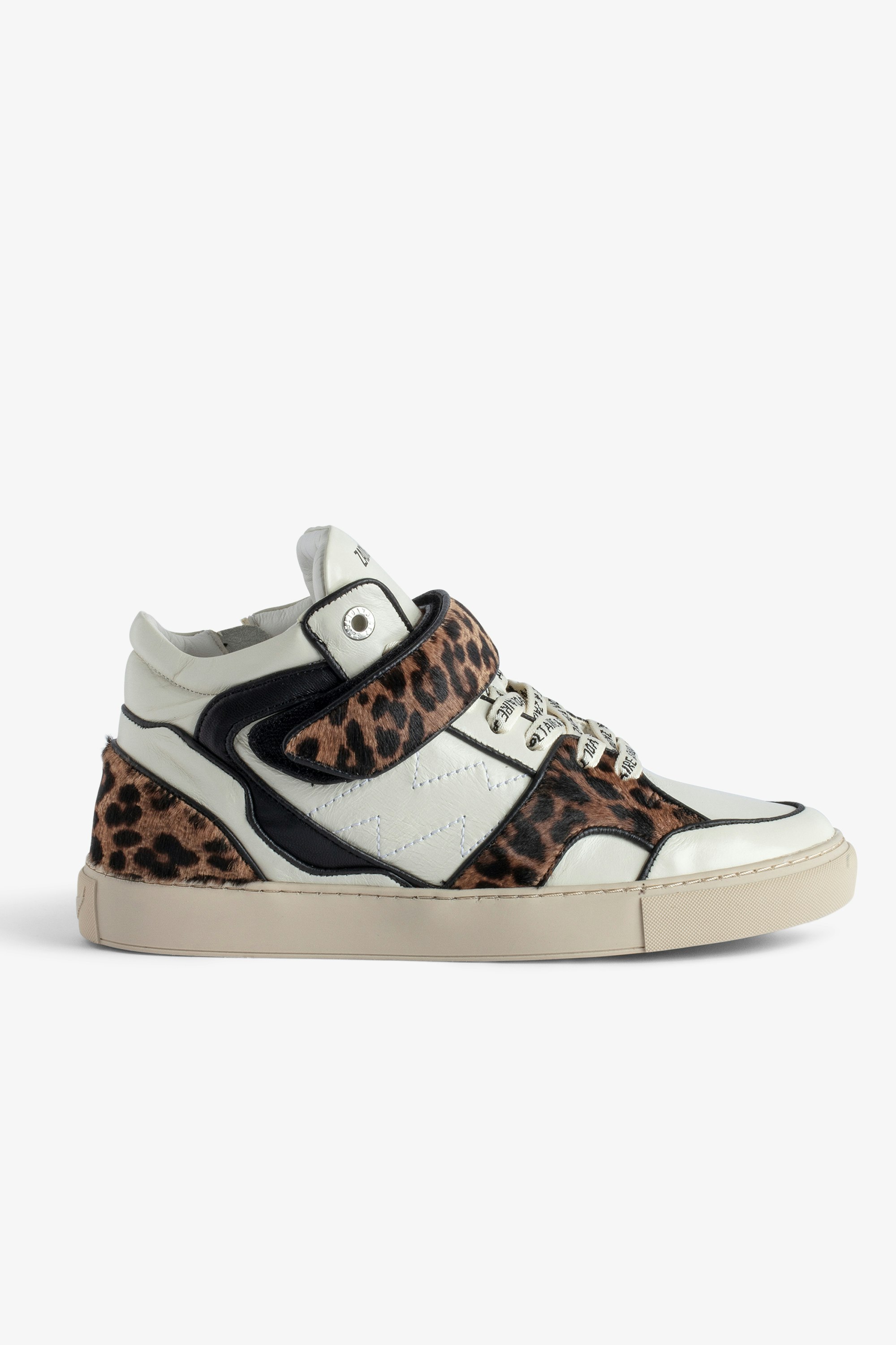 ZV1747 Mid Flash Sneakers  - Women’s leopard-effect brown leather mid-top sneakers with contrasting panels and Velcro fastening.