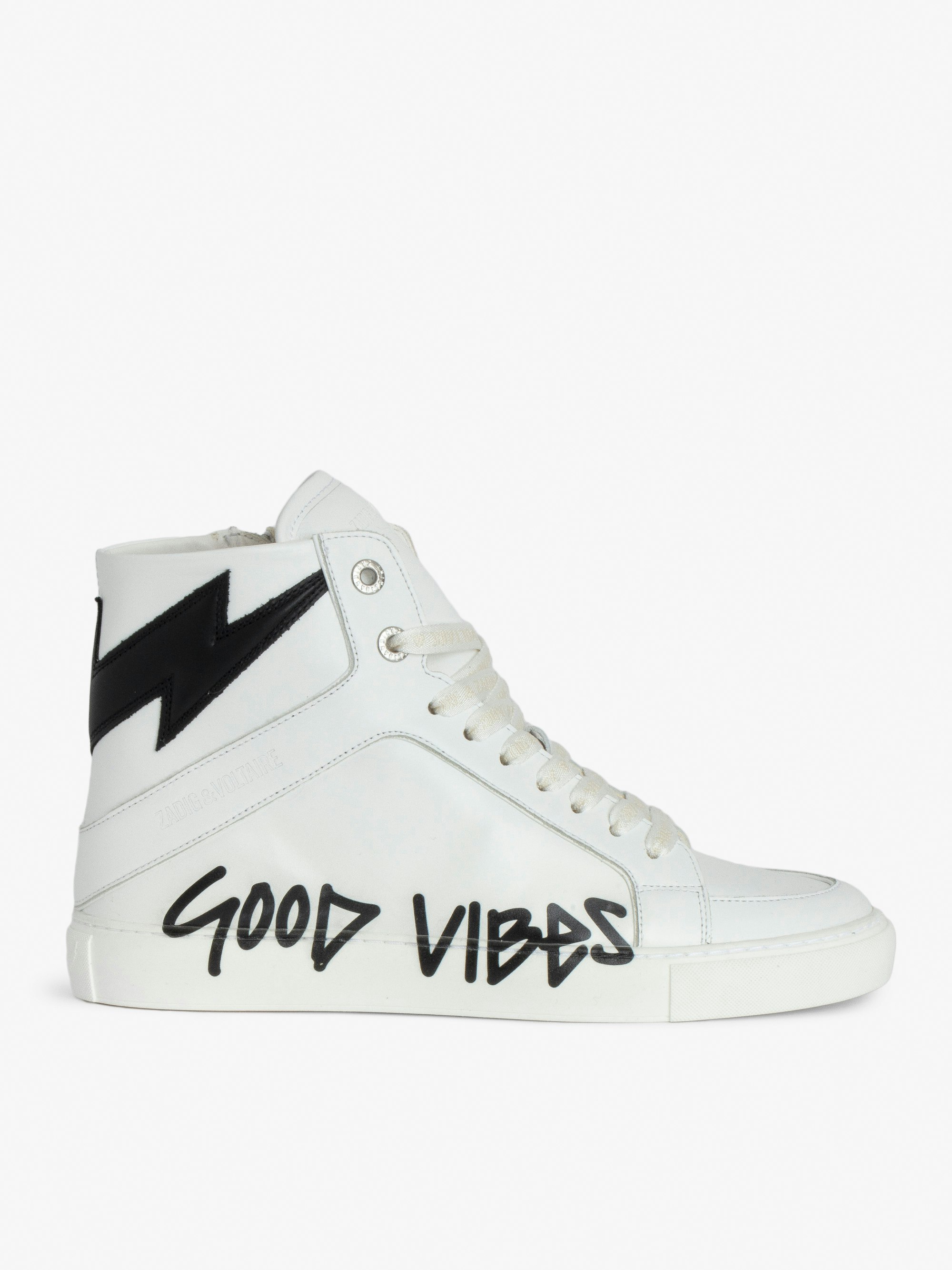 ZV1747 High Flash Good Vibes Sneakers - Women’s white leather high-top sneakers with black flash and "Good Vibes" print on side panel.