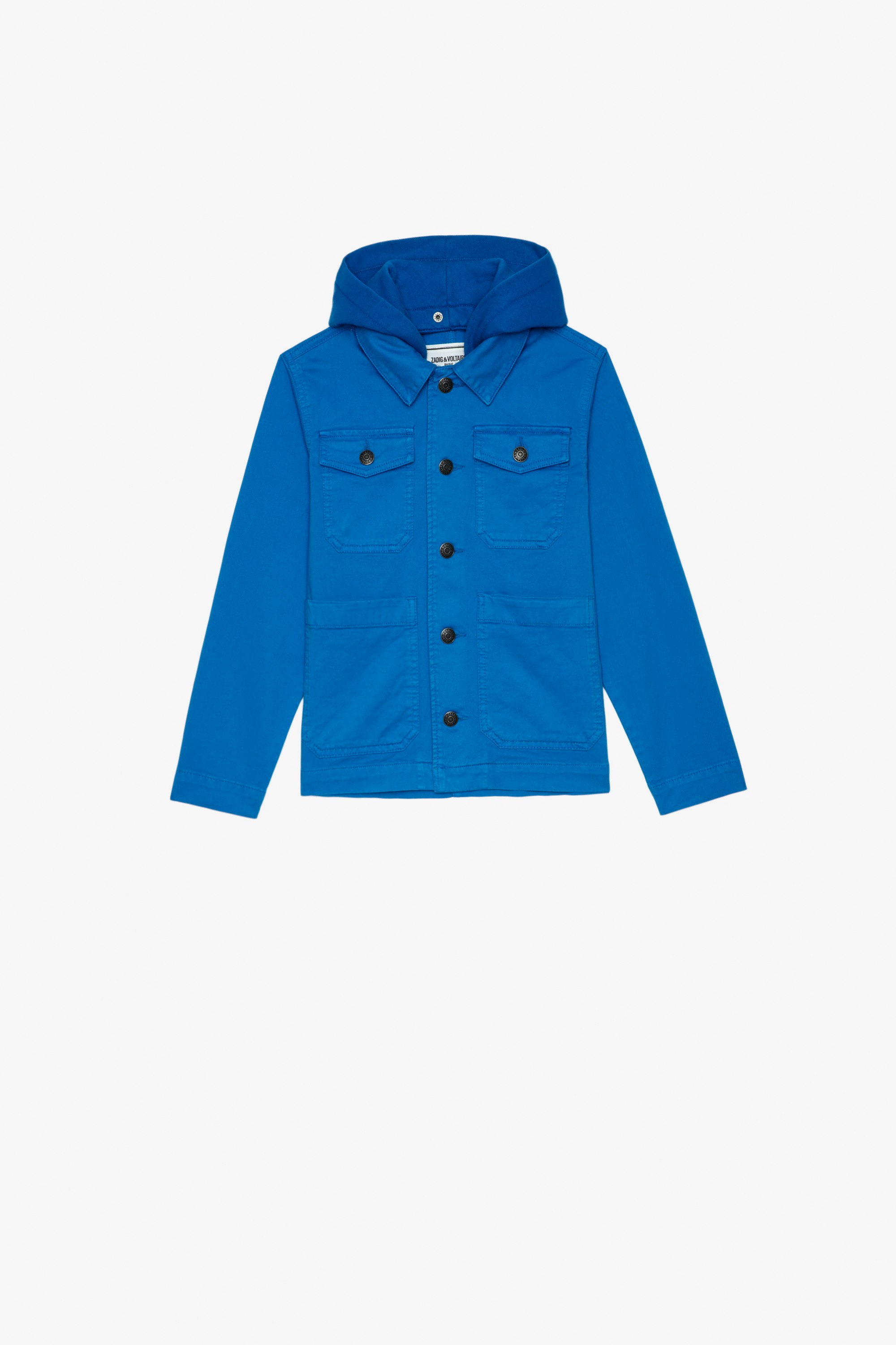 Bertie Kids' Jacket Kids’ blue cotton twill jacket with detachable hood and “Art lover” slogan on the back