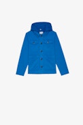 Kinderjacke Bertie - Blaue Kinderjacke aus Baumwolltwill mit abnehmbarer Kapuze und „Art lover“-Schriftzug auf dem Rücken