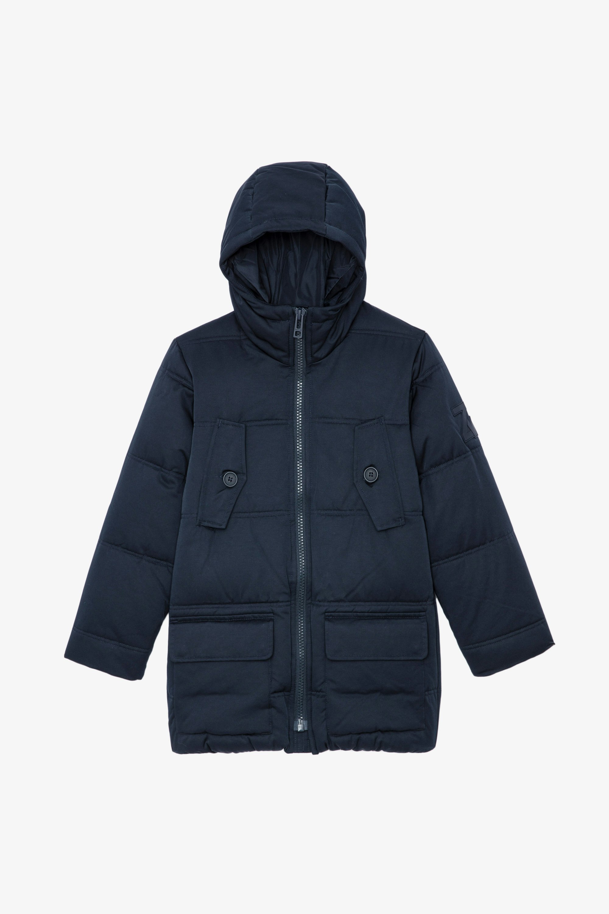Bow Children’s Puffer ジャケット Children’s navy blue and black hooded puffer jacket 