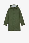 Dylan Kids' Waxed Coat - Kids’ khaki water-repellent hooded raincoat featuring an illustration on the back