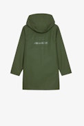 Dylan Kids' Waxed Coat - Kids’ khaki water-repellent hooded raincoat featuring an illustration on the back