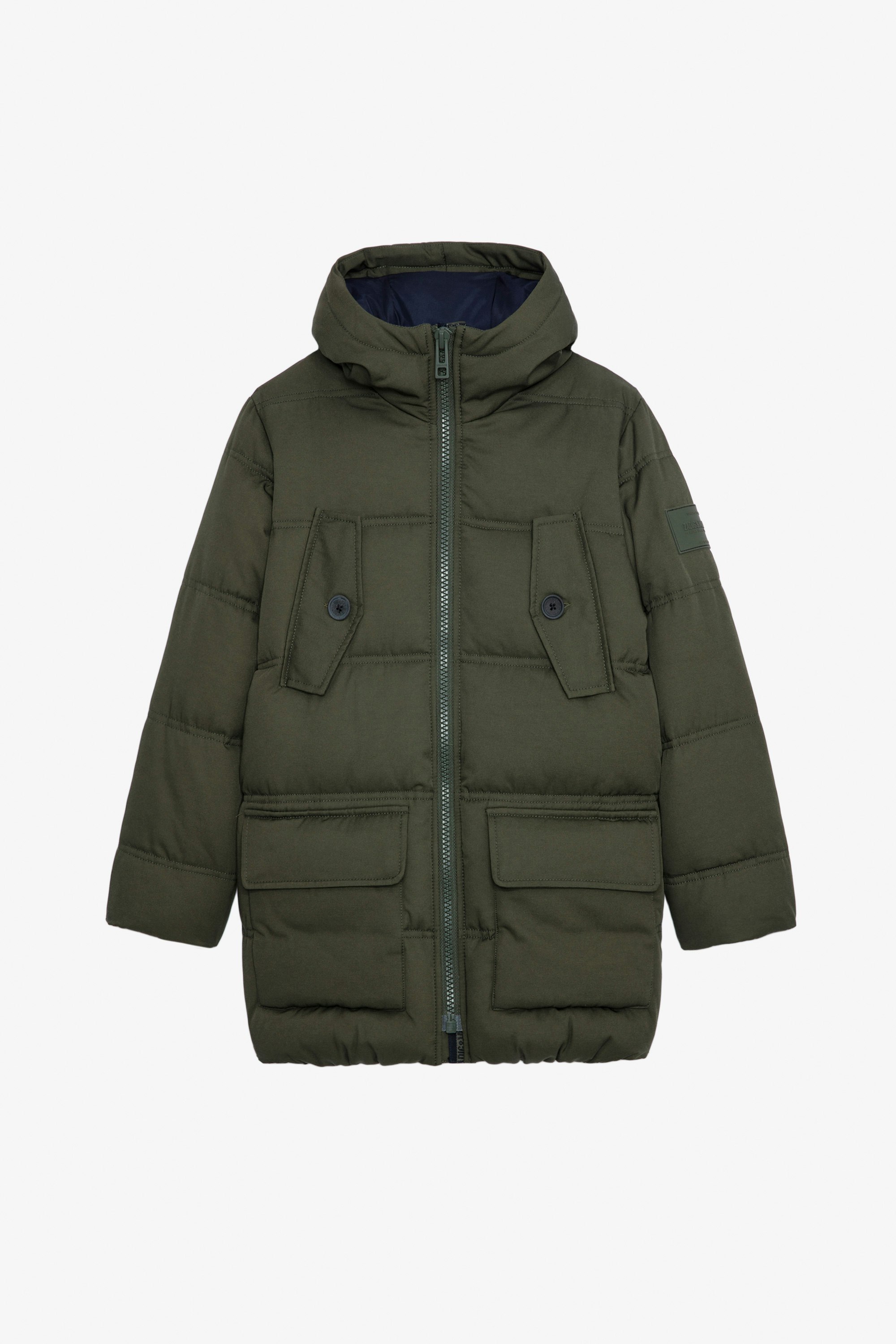 Bow Boys’ Puffer Coat Boys’ khaki water-repellent hooded puffer coat.