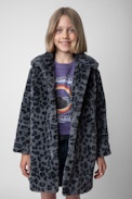 Madeleine Girls’ Coat - Girls’ black leopard-print fleece coat with contrasting lining.