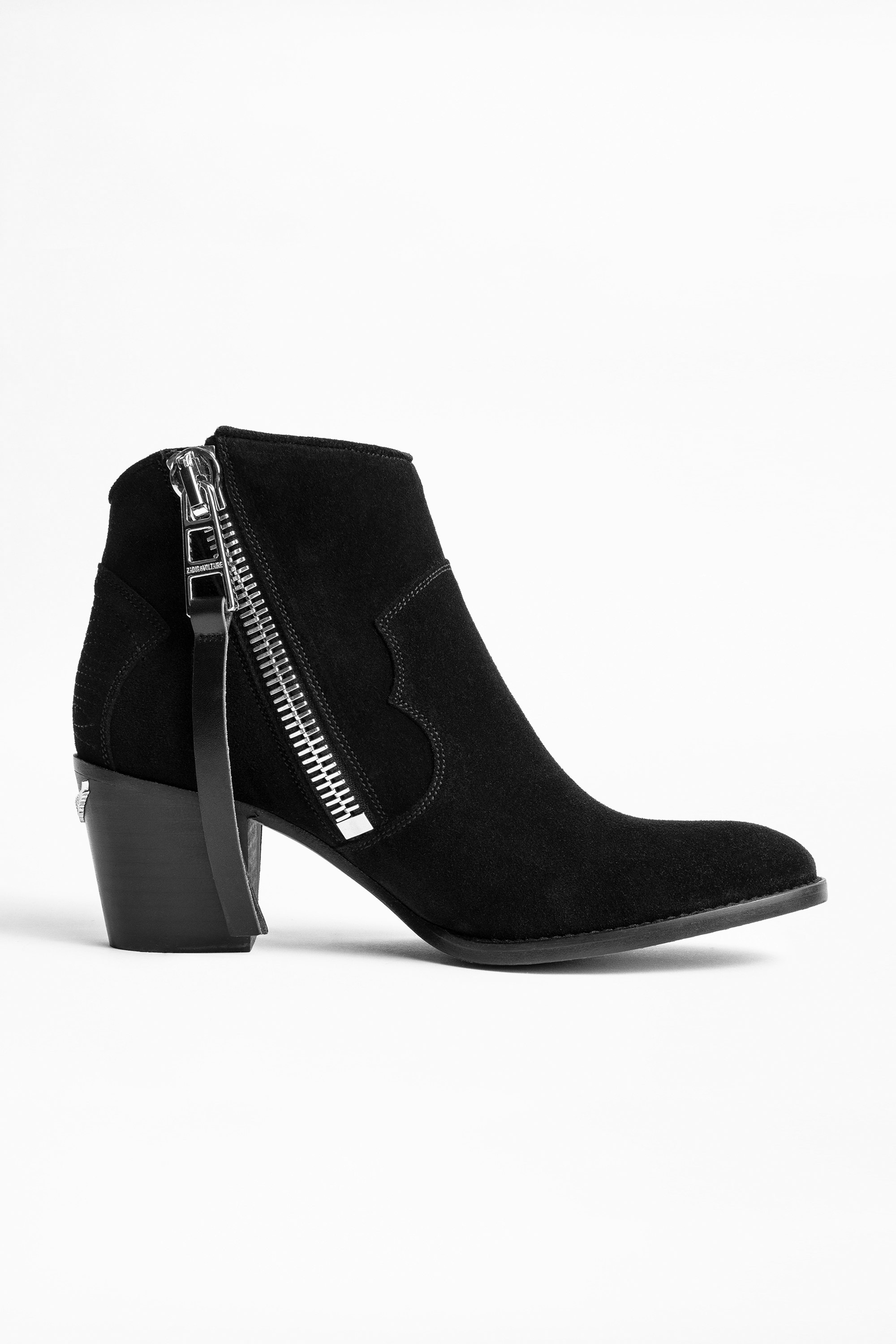 Molly Suede Zip Ankle Boots - Women’s black heeled ankle boots in suede leather.