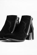 Molly Suede Zip Ankle Boots - Women’s black heeled ankle boots in suede leather.