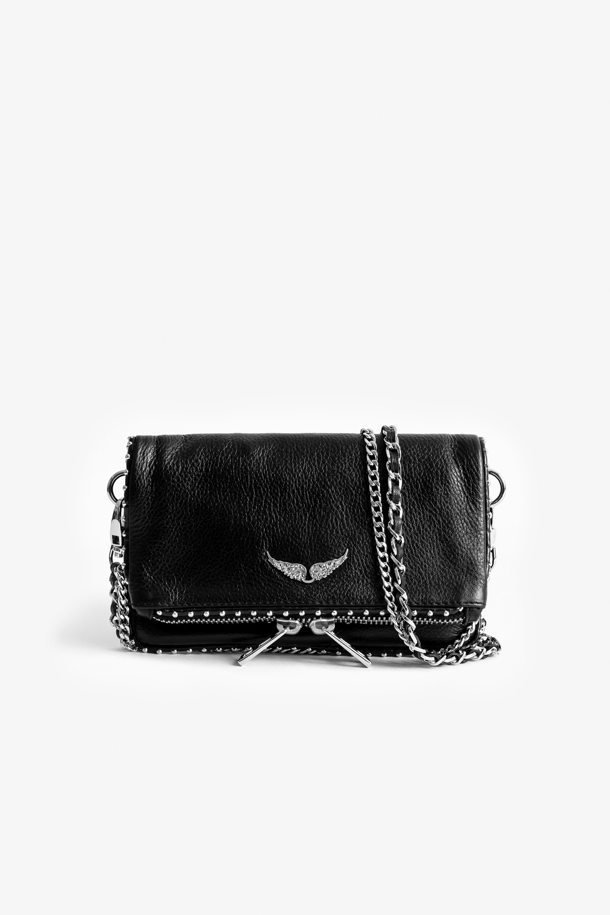Rock Nano Studs クラッチバッグ Women's black mini clutch in leather, embellished with studs.