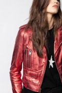 Blouson Lenni Cuir Metal - Veste en cuir rouge métallisée.
