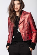 Blouson Lenni Cuir Metal - Veste en cuir rouge métallisée.