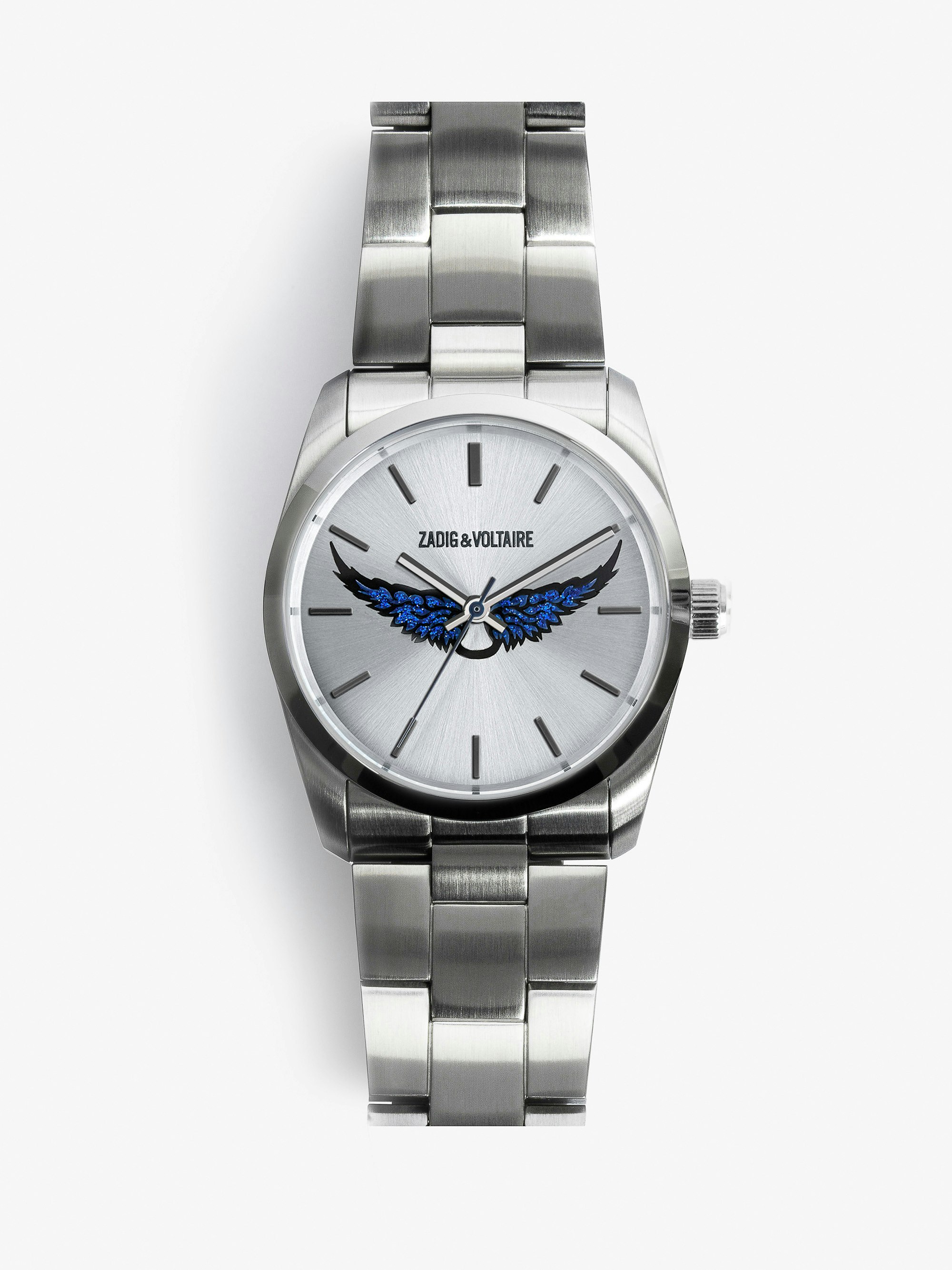 Montre Zadig Strass Wings - Montre en acier inoxydable à cadran motifs ailes en strass bleus.