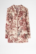 Tygg Jouy Satin Tunic - Women’s printed white tunic with ruffles.
