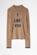 Pull Maddy I Like You - Pull marron en laine mérinos femme, à message.
