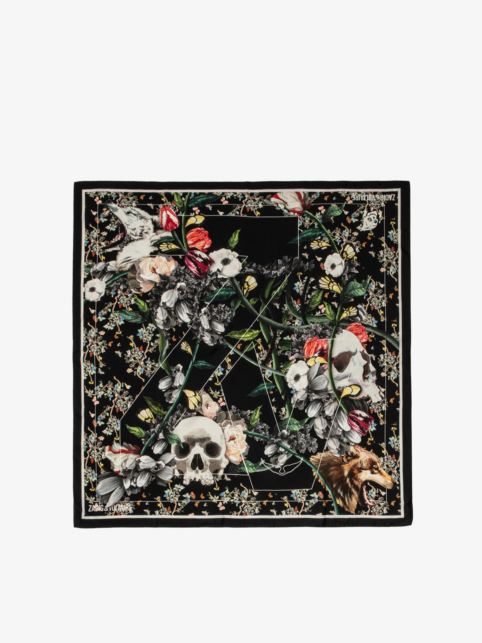 Pañuelo Lotty Seda - Pañuelo negro para mujer con estampado de flores, calavera y firma ZV