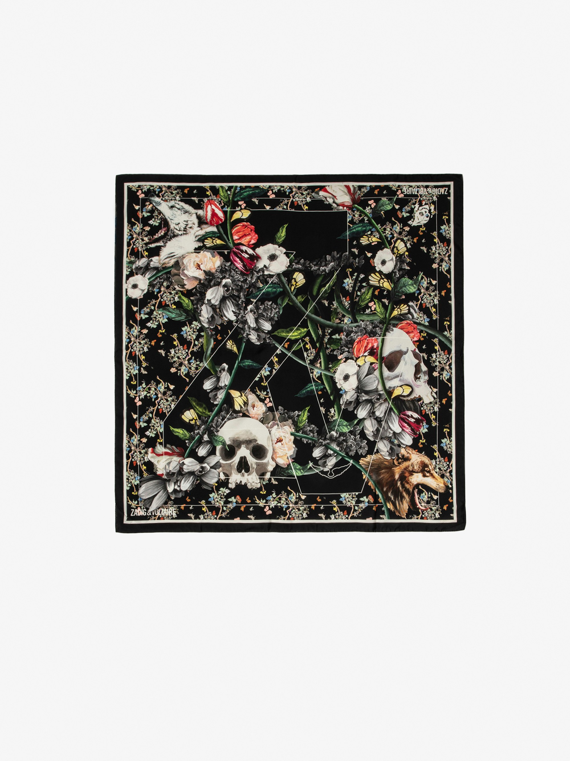 Pañuelo Lotty Seda - Pañuelo negro para mujer con estampado de flores, calavera y firma ZV