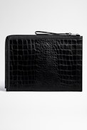 ZV Initiale John Pouch - Men's black crocodile-effect embossed leather clutch bag