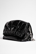Rockyssime Bag - Women’s smooth black leather gathered clutch purse with silver chain