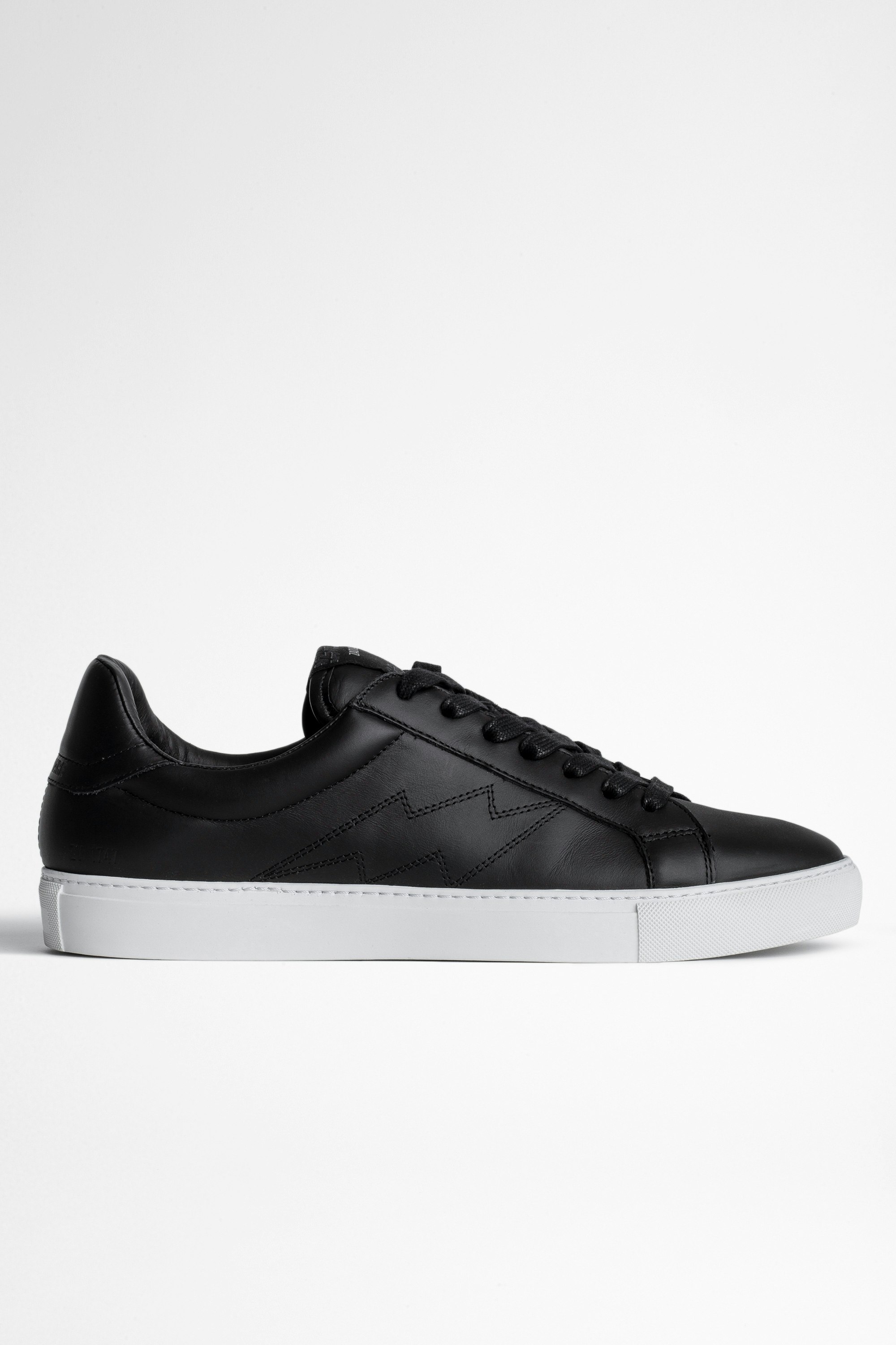 ZV1747 Flash Trainers - Men’s black leather sneakers with lightning bolt topstitching.