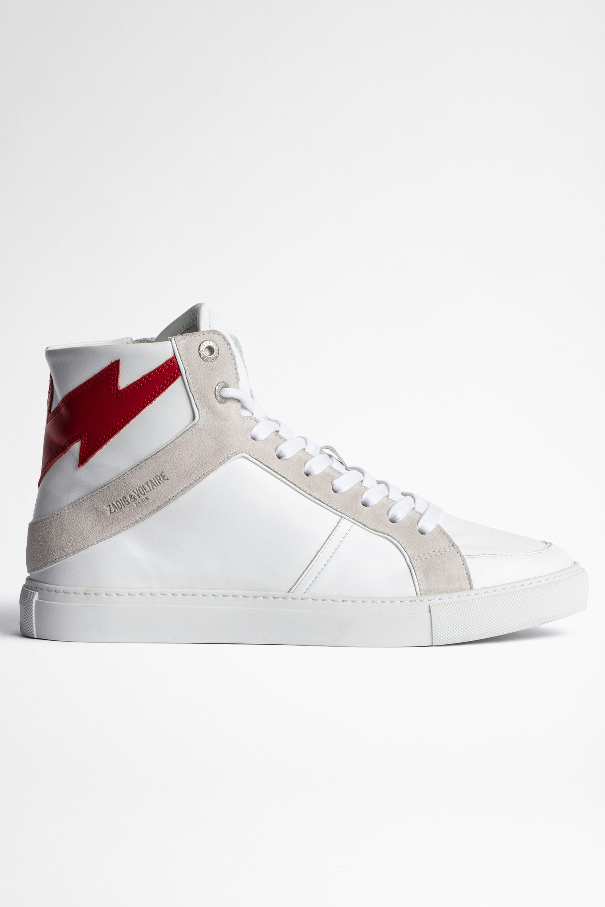 ZV1747 High Flash Sneakers Leather Men’s white leather high-top sneakers with contrasting lightning bolt insert