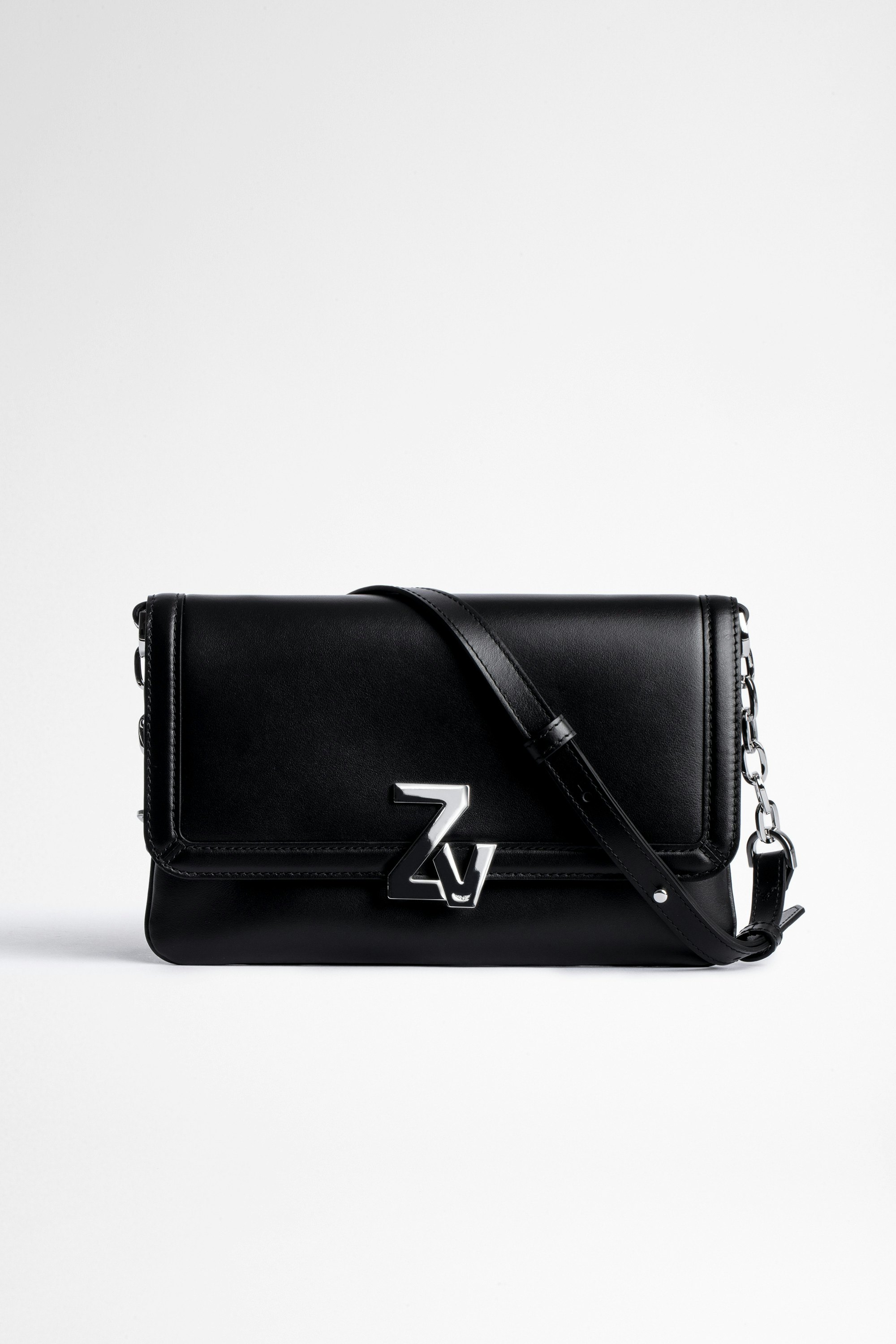 Tasche ZV Initiale La Clutch Damen-Clutch aus schwarzem Glattleder mit silberfarbenem ZV