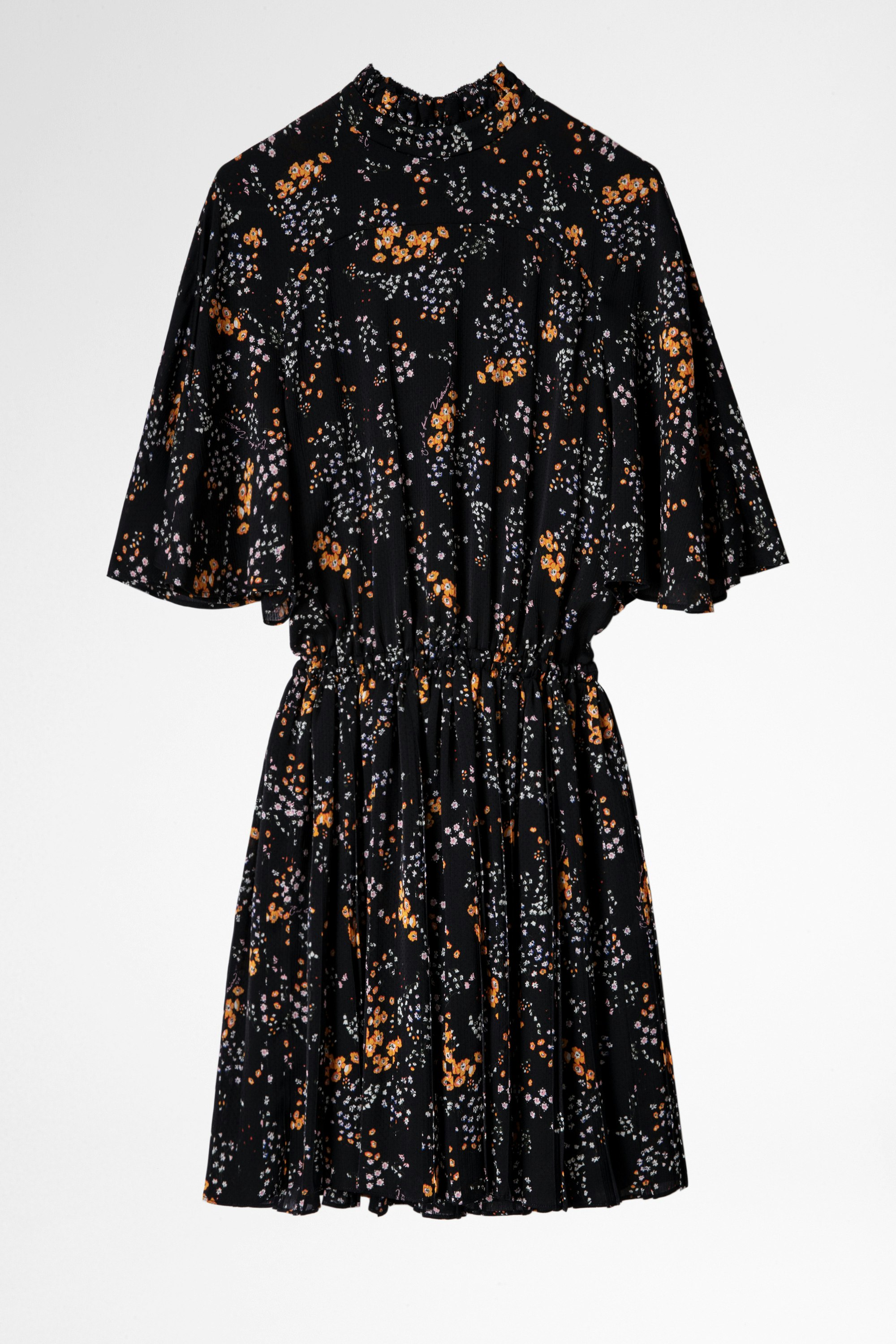 Kleid Roza Spark Asymmetrisches, kurzes Damenkleid, schwarz mit Blumenprint