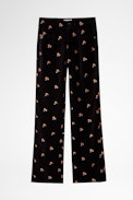 Poete Velvet Trousers - Women's black velvet trousers with floral embroidery