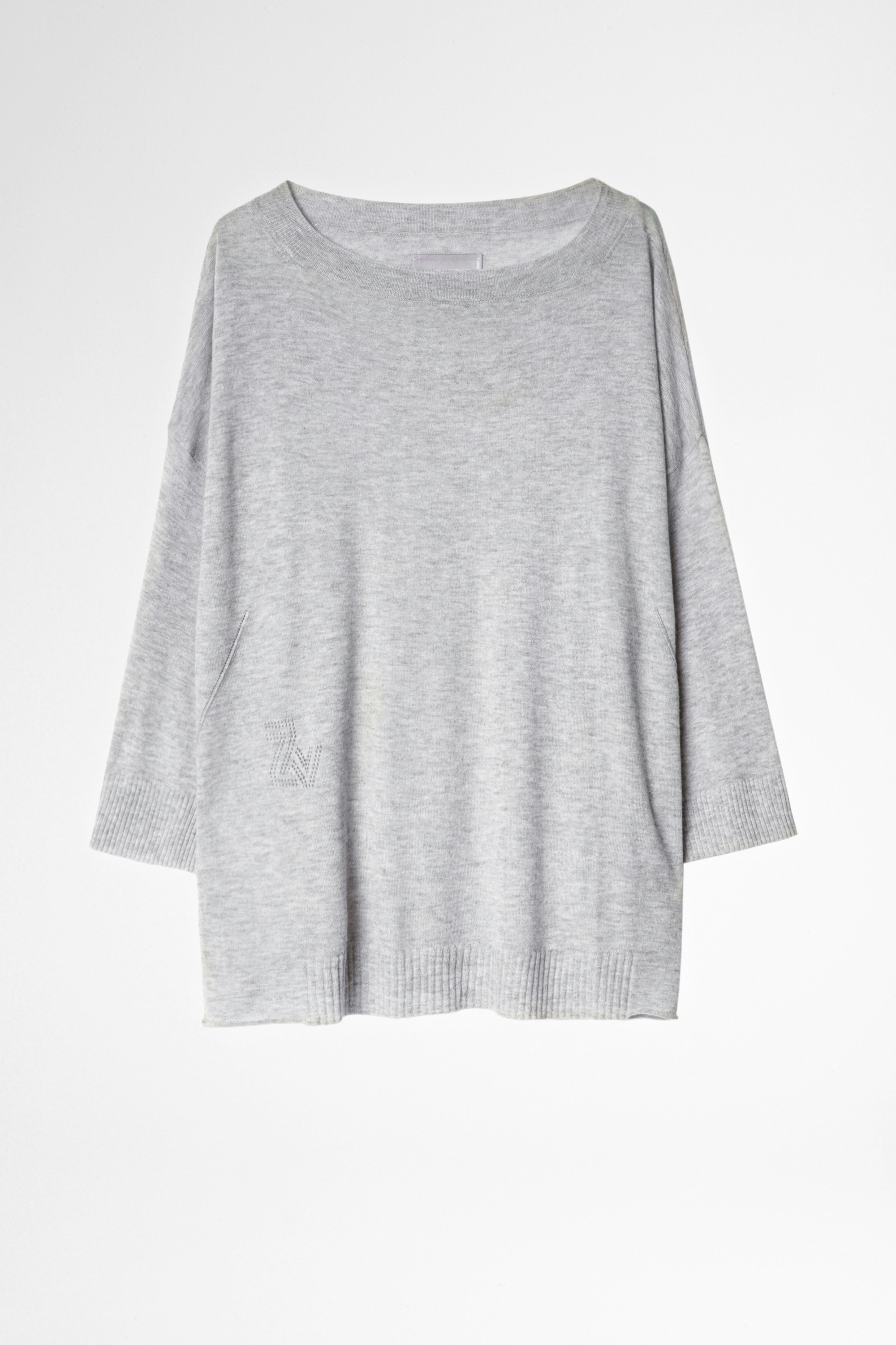 Cashmere Flint Sweater Woman’s light flecked grey three-quarter sleeve sweater