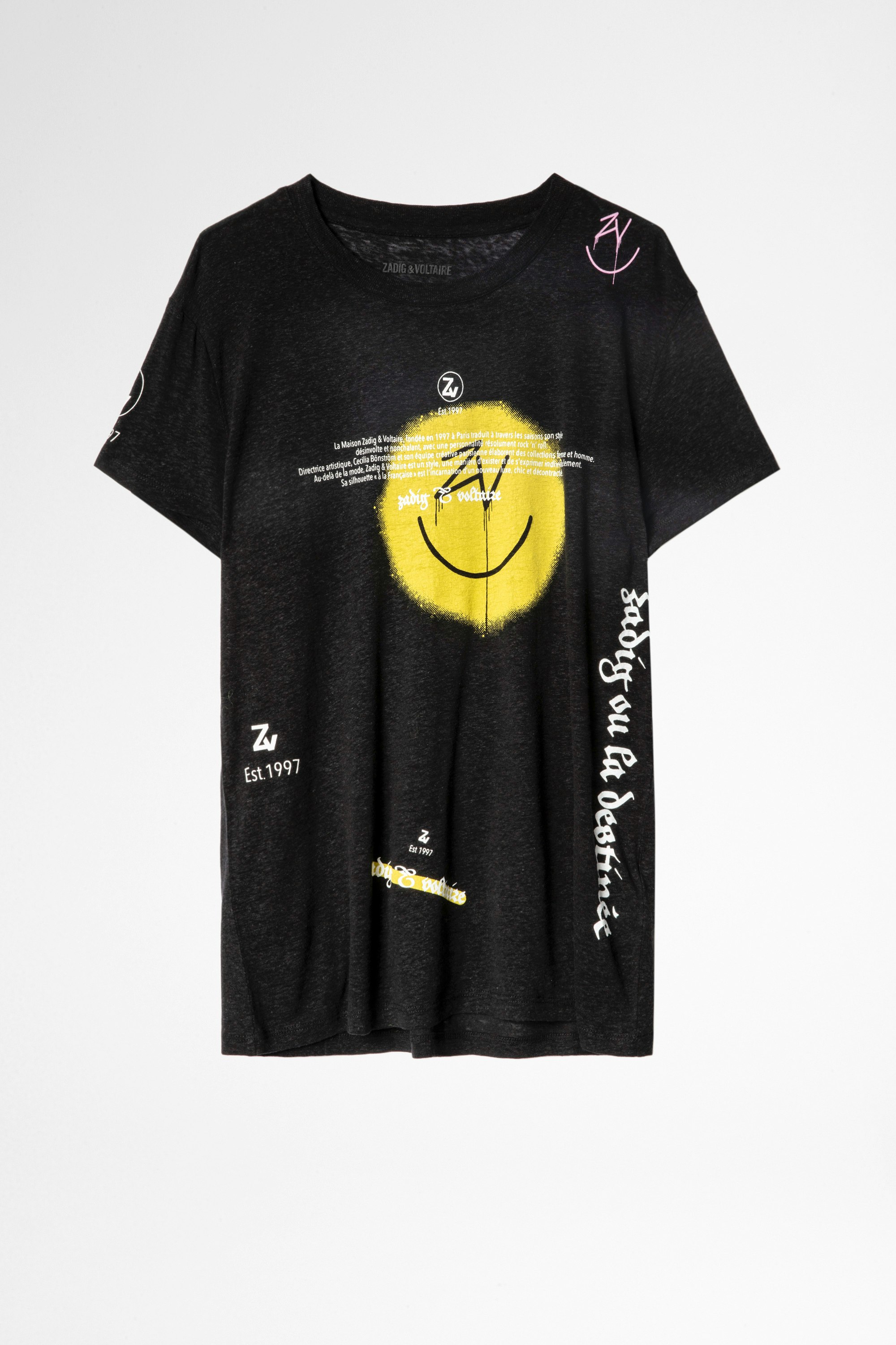 Camiseta Walk Multicusto Lino Camiseta negra de mujer con estampado Happy