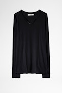 Monastir T-shirt - Men’s black cotton henley neckline T-shirt with skull print