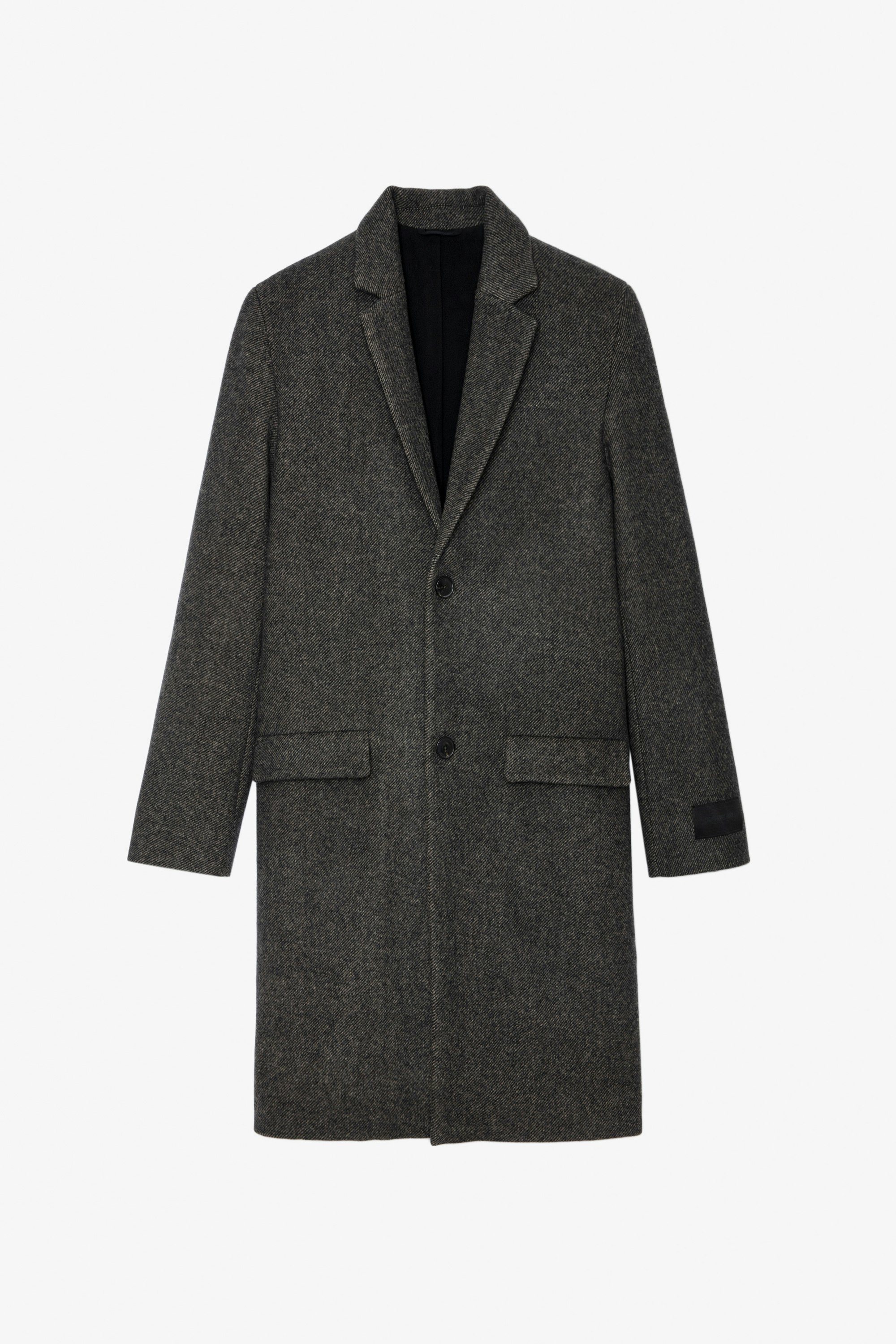 Mark Coat - Unisex's midi coat in anthracite herringbone wool with contrasting undercollar featuring the slogan “C’est la faute à Voltaire”.