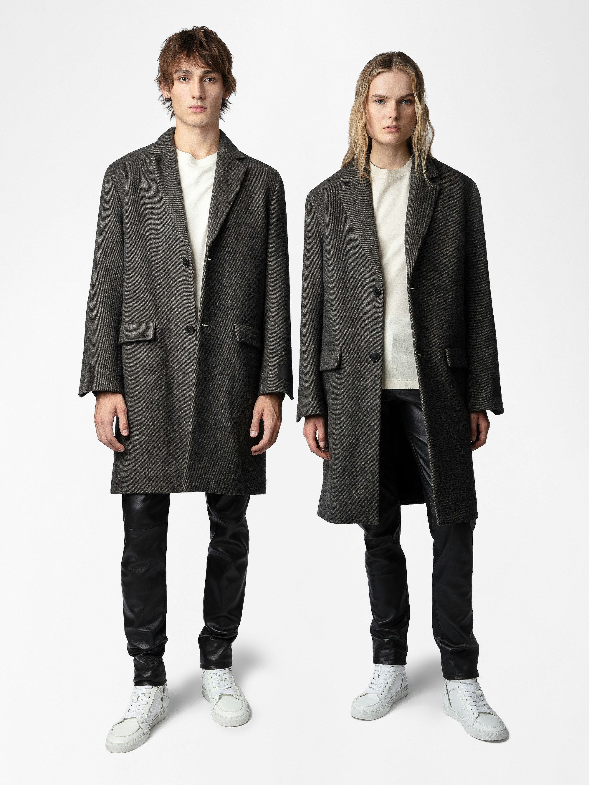 Mark Coat - Mid-length unisex coat with contrasting collar featuring "C'est la faute à Voltaire" inscription.