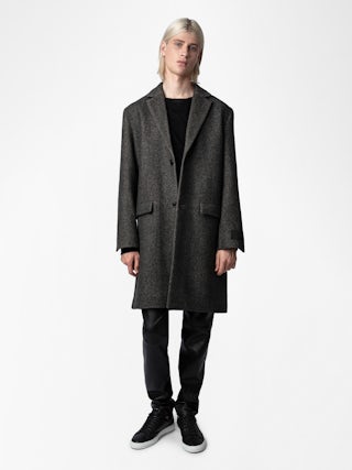 Mark Coat - Mid-length unisex coat with contrasting collar featuring "C'est la faute à Voltaire" inscription.